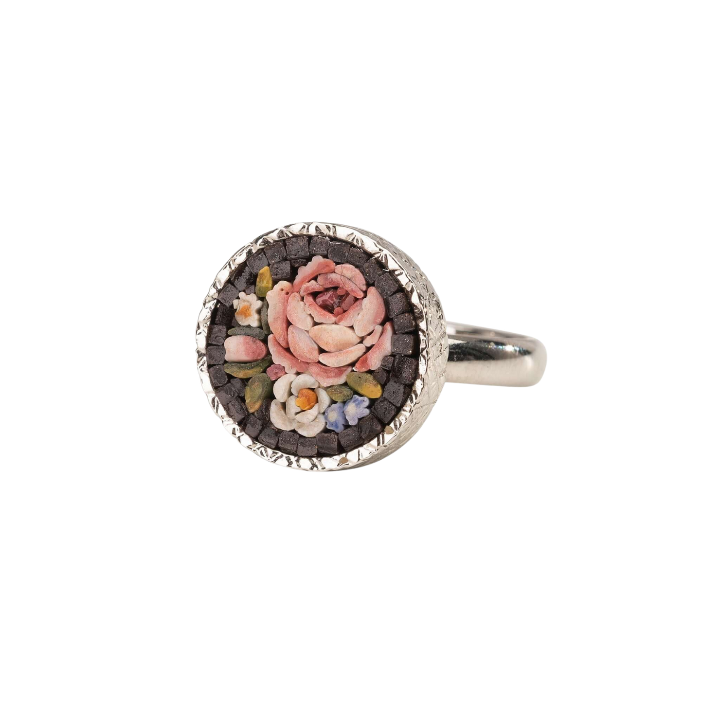MICROMOSAIC BAGUE - FLEMISH FLOWERS - ARGENT