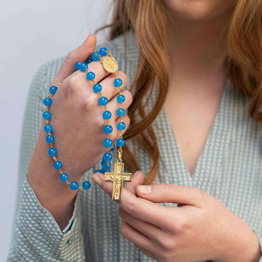 BLUE AGATE BEADS CHAPELET - VERMEIL ARGENT