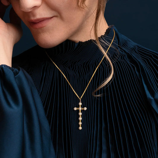 COLLIER CROIX - PERLES ET OR