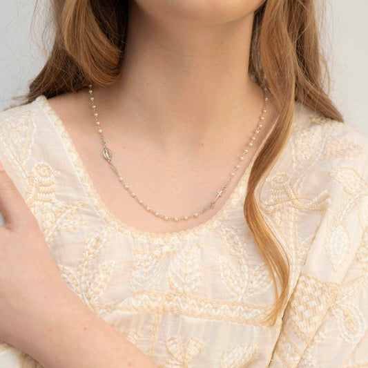 MIRACULOUS ET CROIX - PERLE COLLIER - BLANC OR