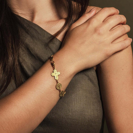 ST BENEDICT MÉDAILLE & FOUR WAY CROIX - BRACELET - VERMEIL ARGENT