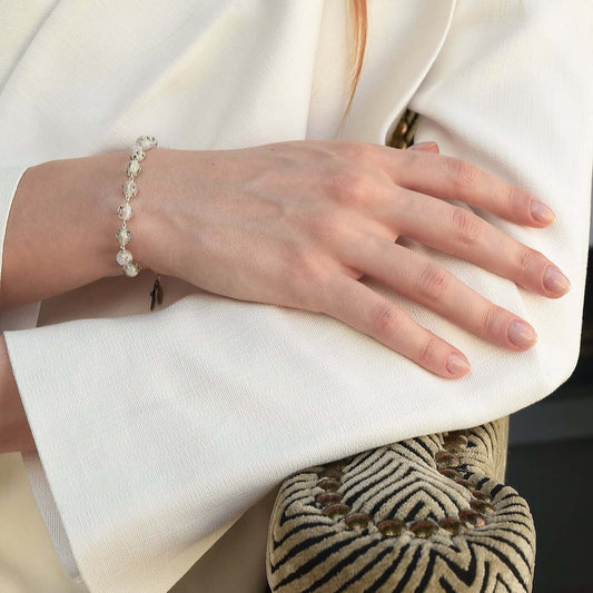 BRACELET CHAPELET - BLANC MURANO GLASS ET ARGENT