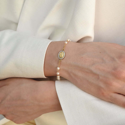 MIRACULOUS MÉDAILLE ET CROIX - CHRÉTIEN BRACELET - OR ET PERLES