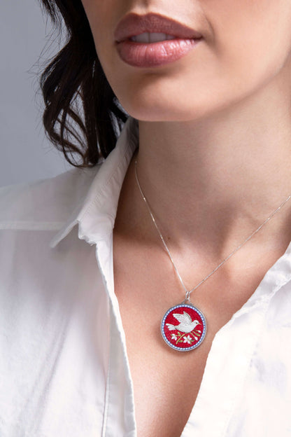 PEACE DOVE - RED MICROMOSAIC - ARGENT COLLIER