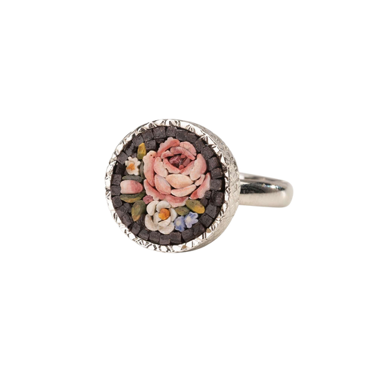 MICROMOSAIC BAGUE - FLEMISH FLOWERS - ARGENT