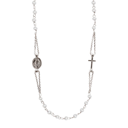 MIRACULOUS ET CROIX - PERLE COLLIER - BLANC OR