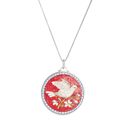PEACE DOVE - RED MICROMOSAIC - ARGENT COLLIER