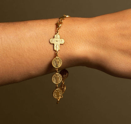 ST BENEDICT MÉDAILLE & FOUR WAY CROIX - BRACELET - VERMEIL ARGENT