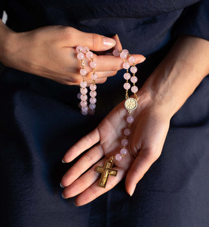 ROSE QUARTZ CHAPELET - VERMEIL ARGENT