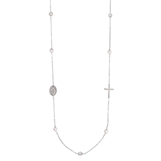 MIRACULOUS ET CROIX - COLLIER PERLE ET CRYSTAL - ARGENT