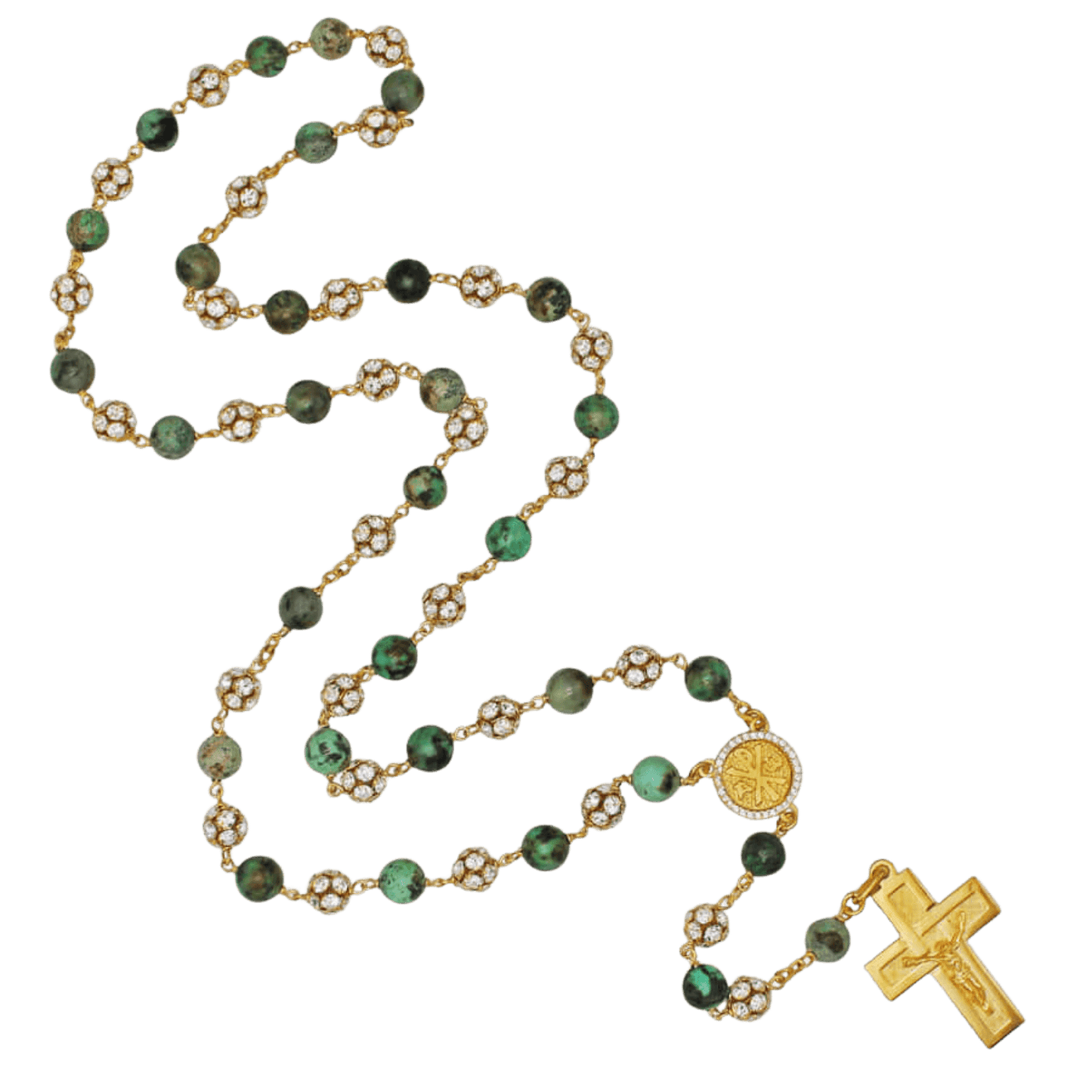 AFRICAN TURQUOISE CHAPELET ET STRASSBALL - VERMEIL ARGENT