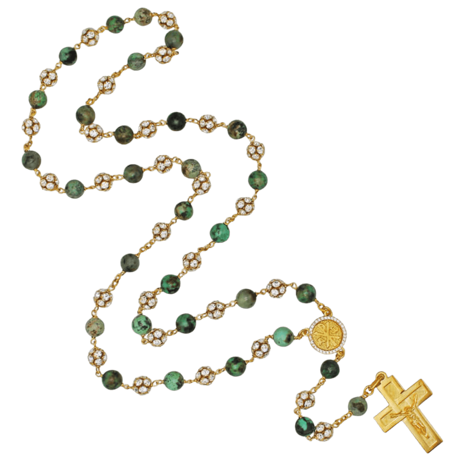 AFRICAN TURQUOISE CHAPELET ET STRASSBALL - VERMEIL ARGENT