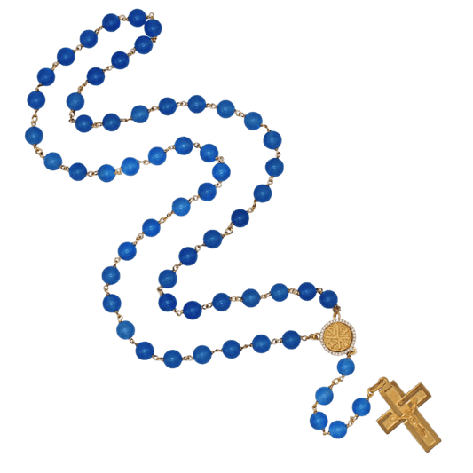 BLUE AGATE BEADS CHAPELET - VERMEIL ARGENT