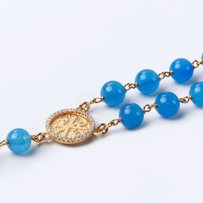 BLUE AGATE BEADS CHAPELET - VERMEIL ARGENT