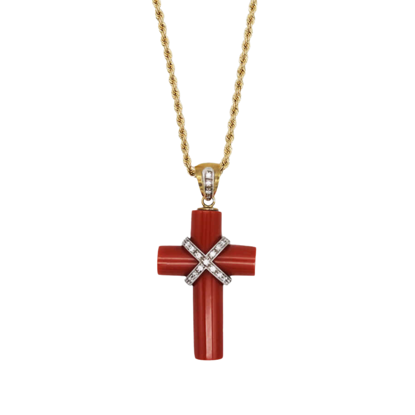 CORAL PENDENTIF CROIX COLLIER AVEC DIAMONDS - OR