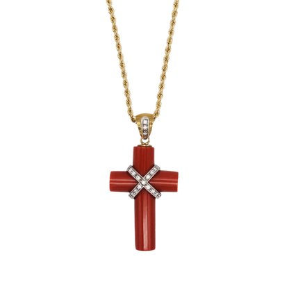CORAL PENDENTIF CROIX COLLIER AVEC DIAMONDS - OR