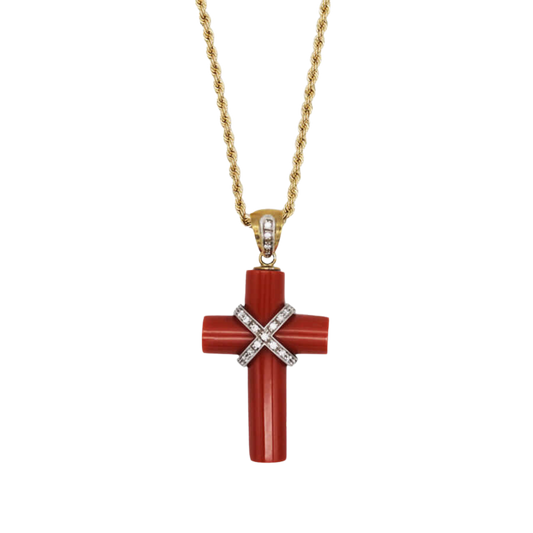 CORAL PENDENTIF CROIX COLLIER AVEC DIAMONDS - OR
