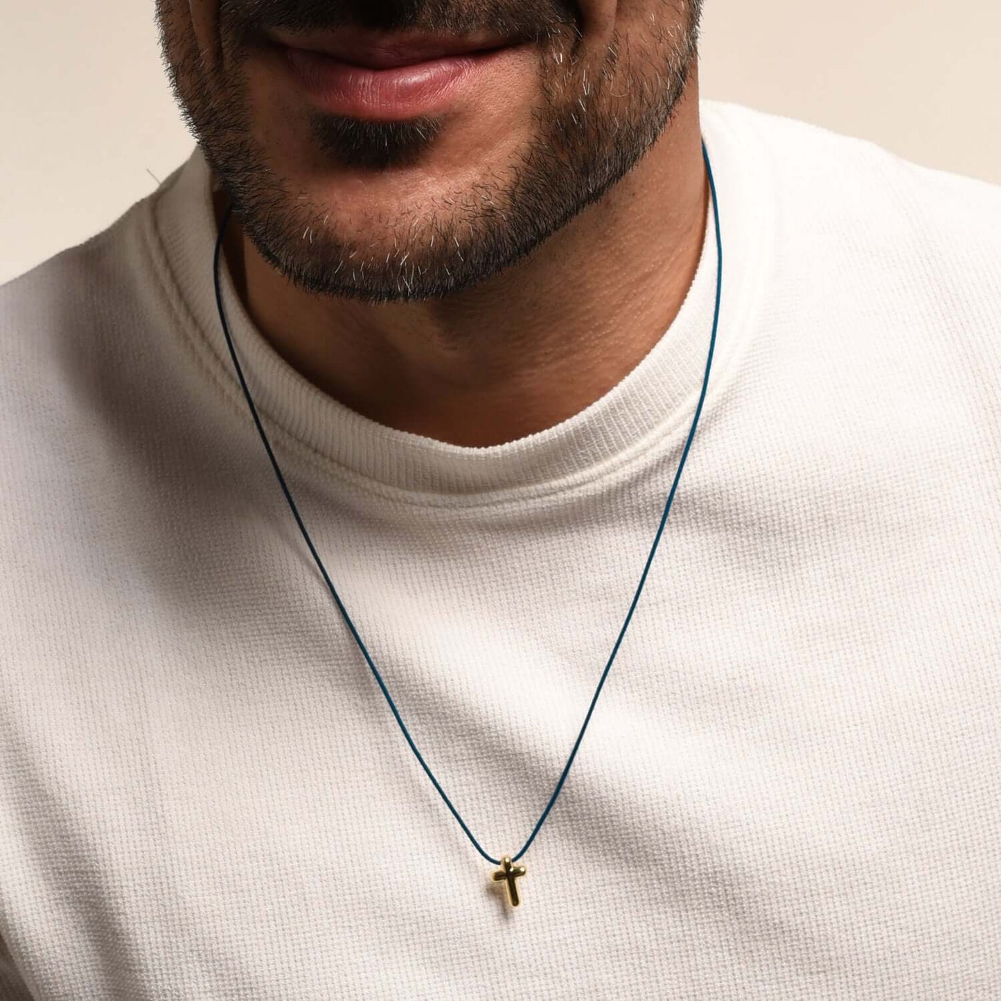 COLLIER CROIX - BLUE ROPE ET GOLDEN ARGENT