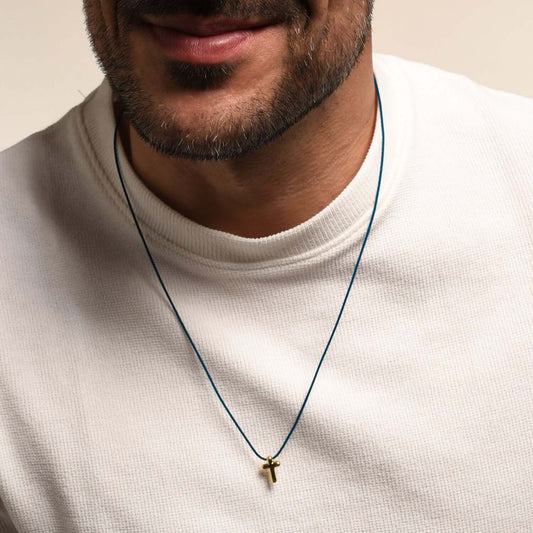 COLLIER CROIX - BLUE ROPE ET GOLDEN ARGENT