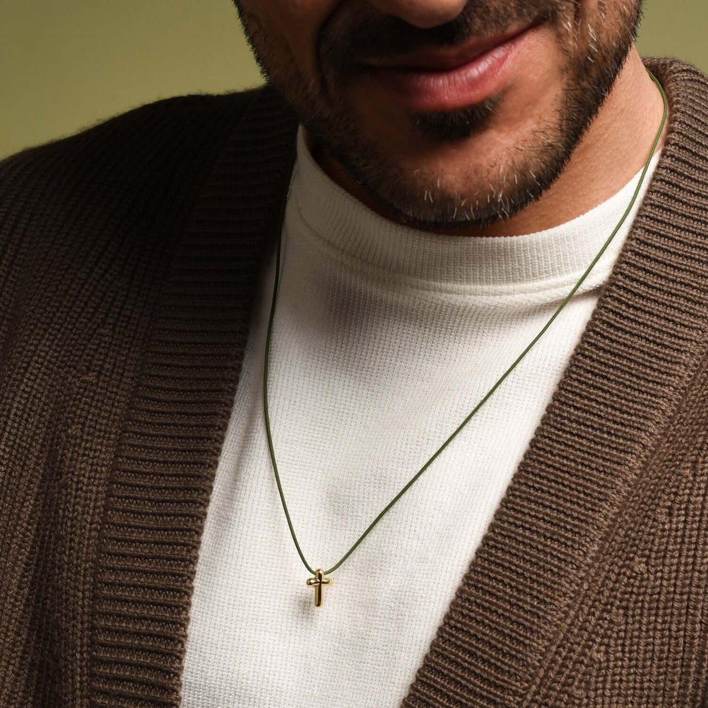 COLLIER CROIX - GREEN ROPE ET GOLDEN ARGENT