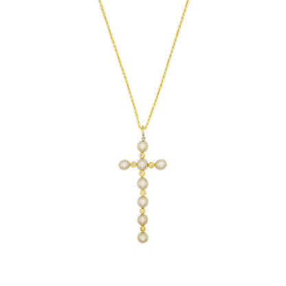 COLLIER CROIX - PERLES ET OR