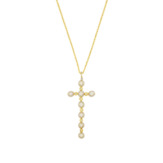 COLLIER CROIX - PERLES ET OR
