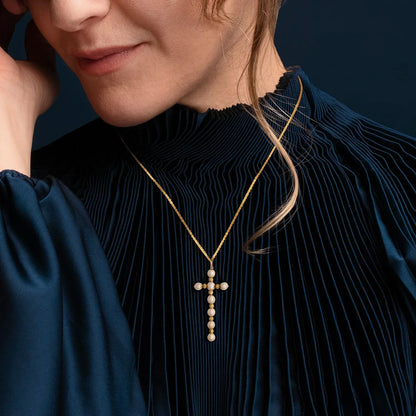 COLLIER CROIX - PERLES ET OR