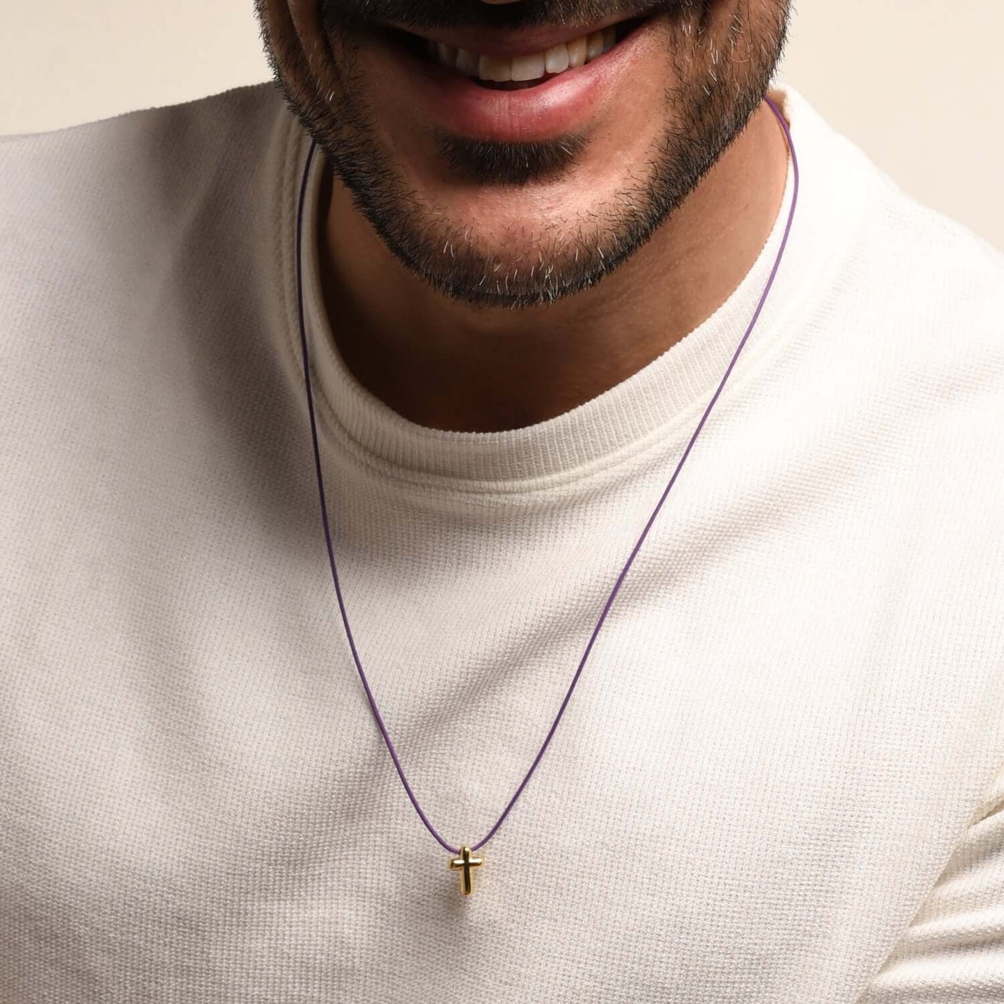 COLLIER CROIX - PURPLE ROPE ET GOLDEN ARGENT