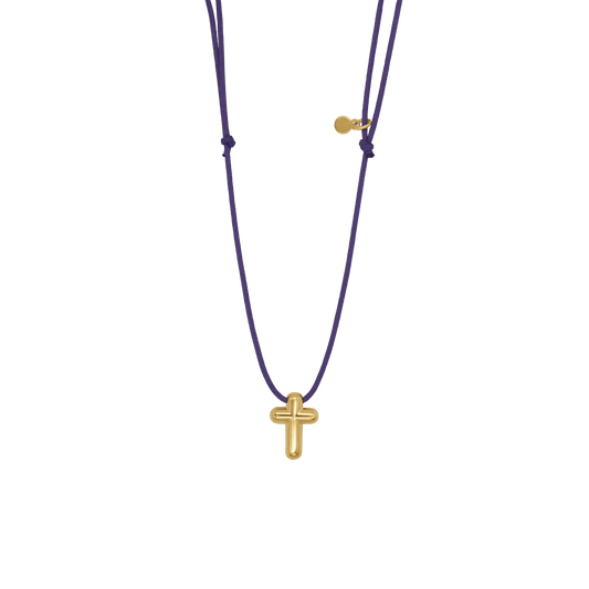COLLIER CROIX - PURPLE ROPE ET GOLDEN ARGENT