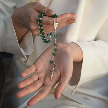 GREEN AGATE CHAPELET - ARGENT