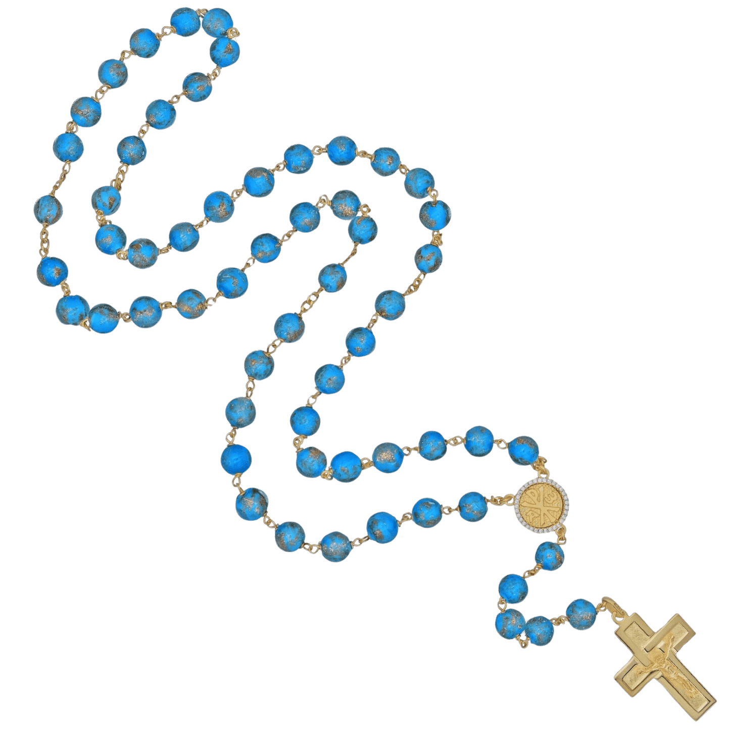 LIGHT BLUE GLASS BEADS CHAPELET - VERMEIL ARGENT