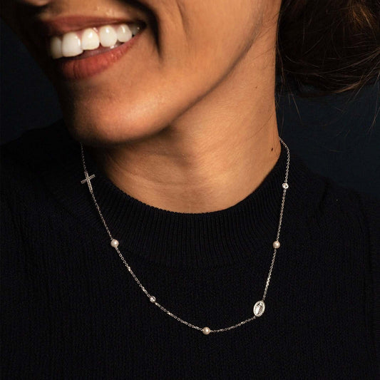 MIRACULOUS ET CROIX - COLLIER PERLE ET CRYSTAL - ARGENT