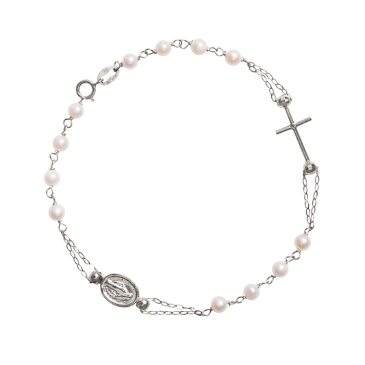 MIRACULOUS ET CROIX - PERLES BRACELET CHAPELET - BLANC OR