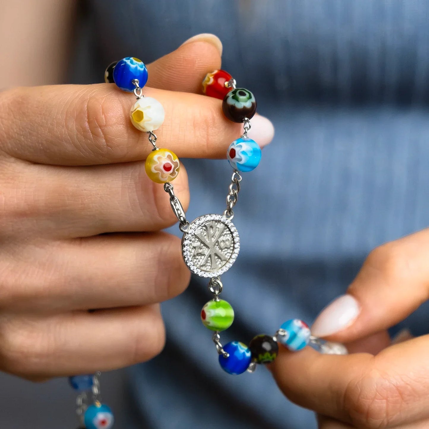 MURRINA GLASS BEADS - CHAPELET - ARGENT