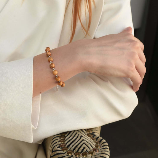 OLIVE BOIS BEADS BRACELET CHAPELET - ARGENT