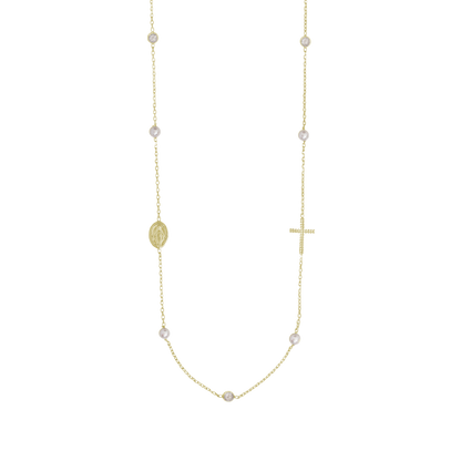 MIRACULOUS ET CROIX - COLLIER PERLE ET CRYSTAL - VERMEIL ARGENT