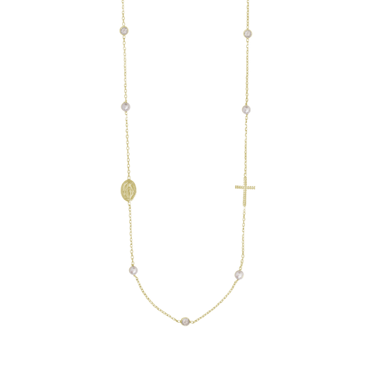 MIRACULOUS ET CROIX - COLLIER PERLE ET CRYSTAL - VERMEIL ARGENT