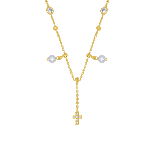 COLLIER CROIX - PERLE ET GOLDEN ARGENT