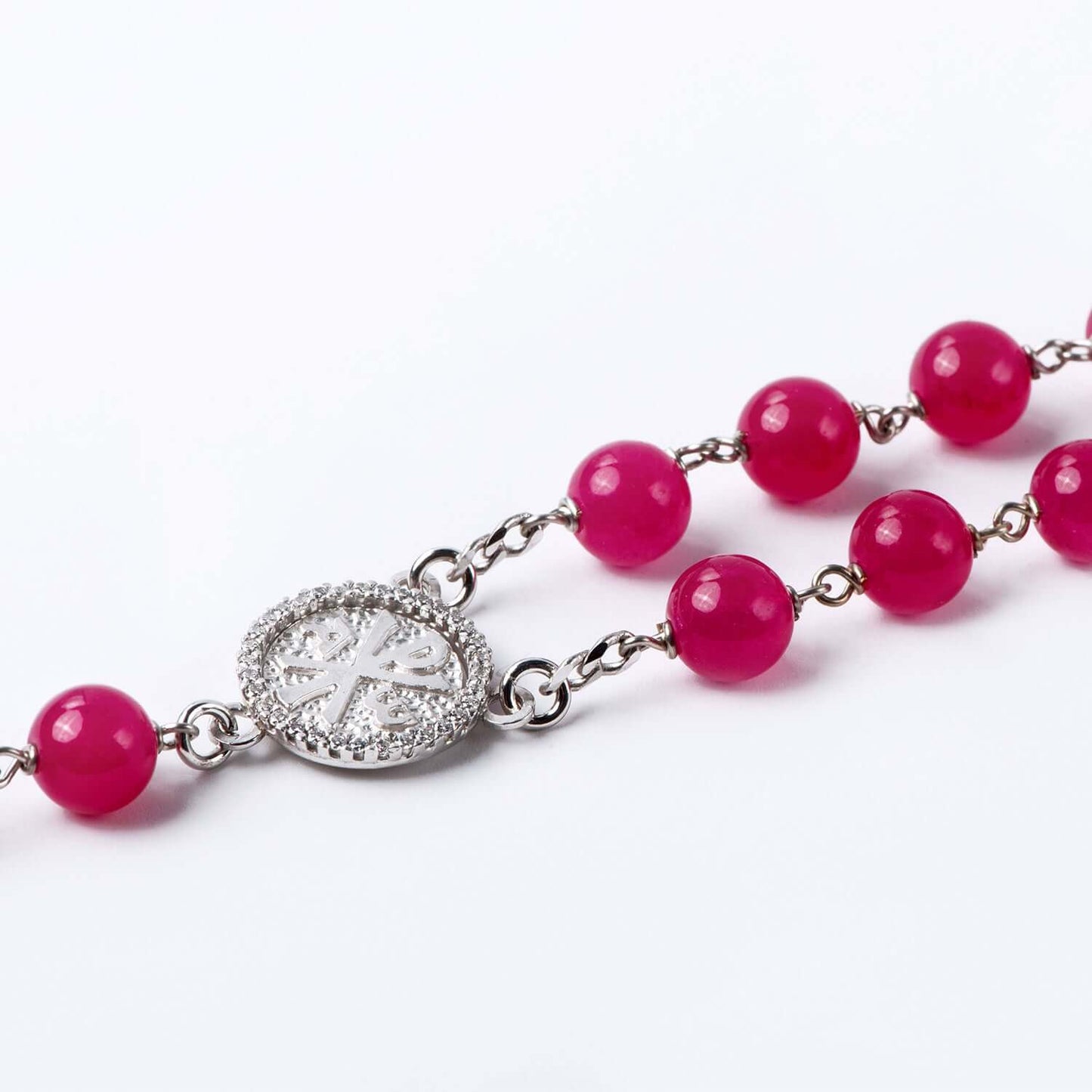 PINK AGATE BEADS CHAPELET - ARGENT
