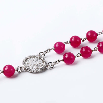 PINK AGATE BEADS CHAPELET - ARGENT