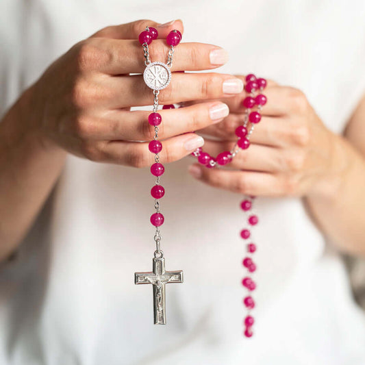 PINK AGATE BEADS CHAPELET - ARGENT