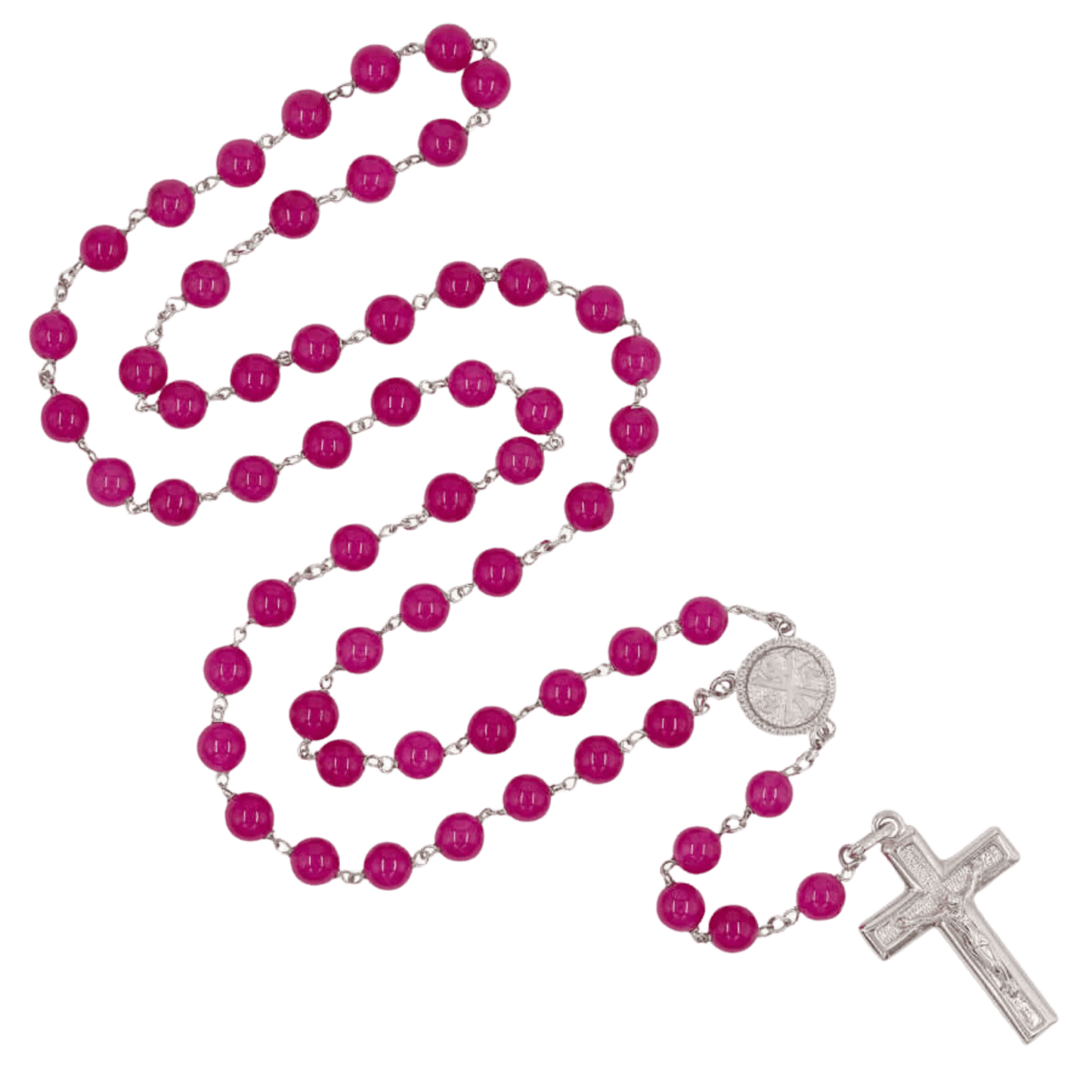 PINK AGATE BEADS CHAPELET - ARGENT