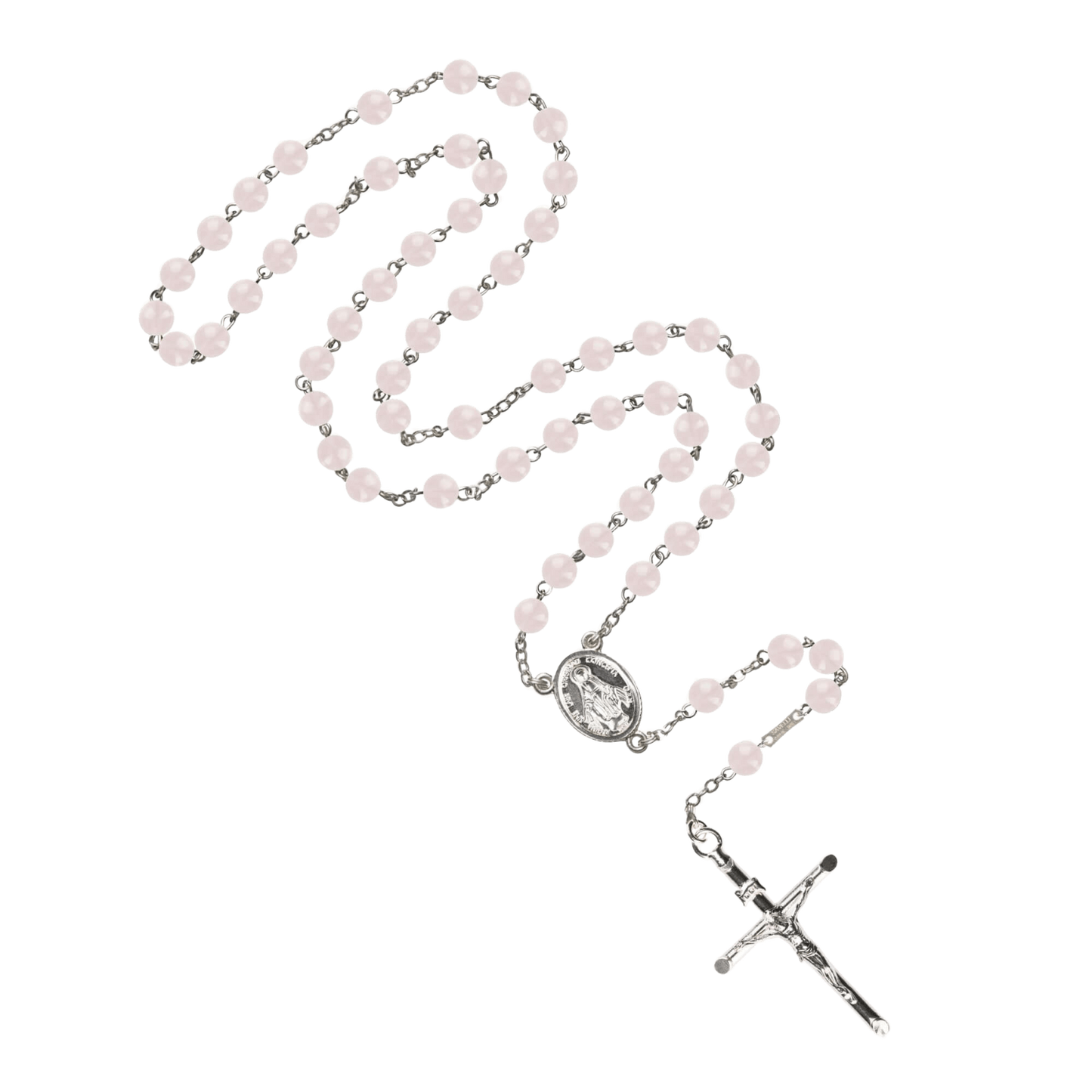 PINK QUARTZ BEADS CHAPELET - ARGENT