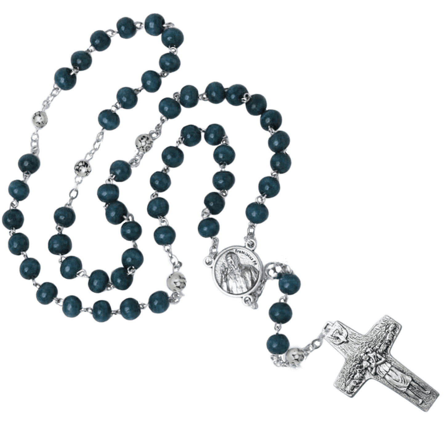 POPE FRANCIS - BLUE EN BOIS BEADS CHAPELET - METAL