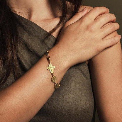ST BENEDICT MÉDAILLE & FOUR WAY CROIX - BRACELET - VERMEIL ARGENT