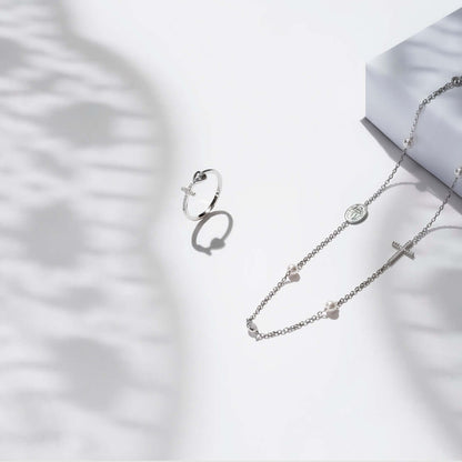 MIRACULOUS ET CROIX - COLLIER PERLE ET CRYSTAL - ARGENT