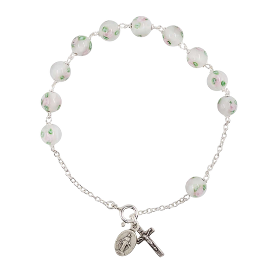 BRACELET CHAPELET - BLANC MURANO GLASS ET ARGENT